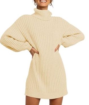 Photo 1 of ANRABESS Women Turtleneck Long Lantern Sleeve Casual Loose Oversized Sweater Dress Soft Winter Pullover Dresses XS