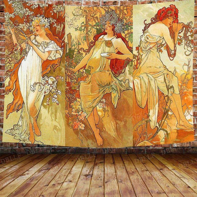Photo 1 of  Art Nouveau Lady Tapestry Medieval Optimized Style Tapestry Artwork Wall Hanging Vintage Alphonse Mucha Autumn Paris Fall Nouveau Vineyard Flirt Large 80 x 60 Flannel Art