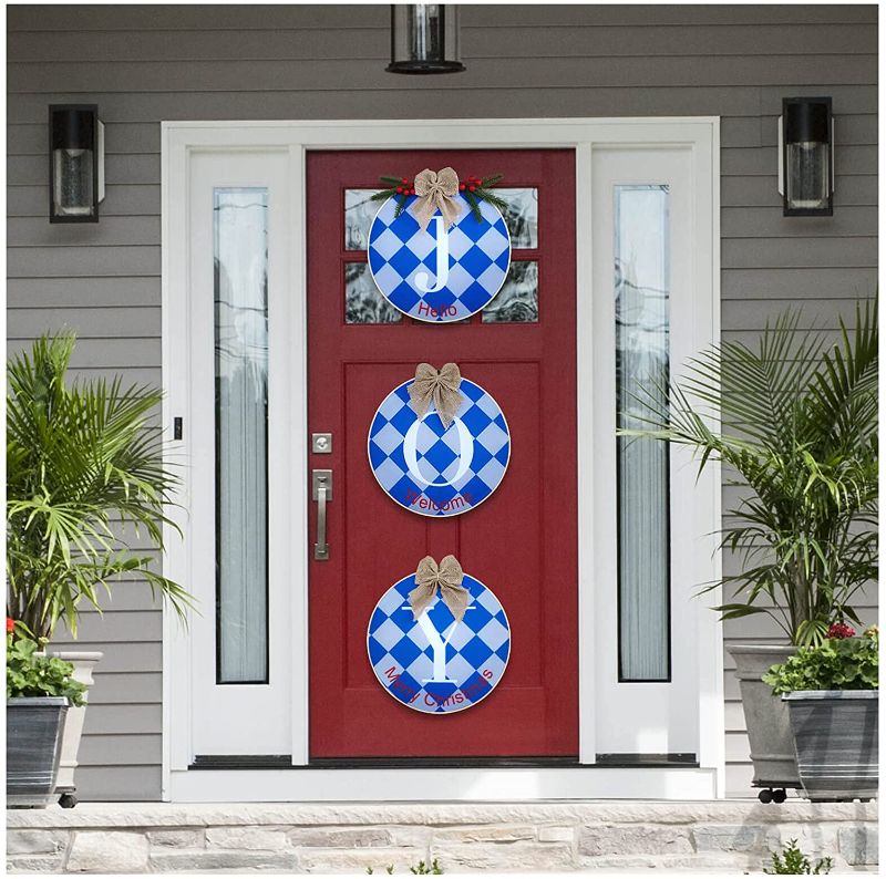 Photo 1 of Christmas Door Stairs Decorations Outdoor - Christmas Door Wreath for Outdoor Front Door Outside Window Farmhouse, Christmas Front Door Decor Sign for Home Wall Outdoor Fireplace Yard Porch, Blue Gray