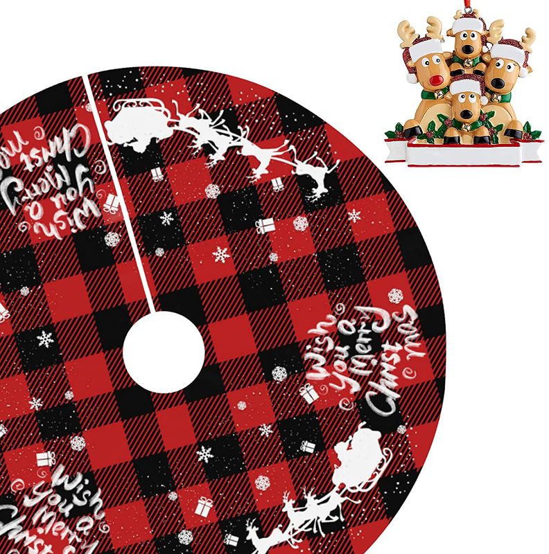 Photo 1 of Christmas Tree Skirt with Christmas Ornament Buffalo Plaid Tree Skirt Thin Xmas Red Tree Skirt for Holiday Party Christmas Tree Decorations Gift 36"