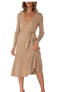 Photo 1 of Women's Elegant V Neck Wrap Sweater Dress Long Sleeve Rib Knit Swing Dress with Belted large