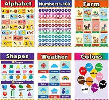 Photo 1 of Educational Posters for Kindergarten, Preschool Learning Posters, Laminated Learning Charts for Toddlers, Elementary Posters for Classroom, School Supplies Includes Numbers, Time (6 Pack Upgrade)
