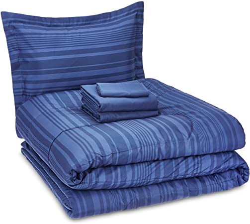 Photo 1 of Amazon Basics 5-Piece Lightweight Microfiber Bed-In-A-Bag Comforter Bedding Set - Twin/Twin XL, Blue Calvin Stripe
