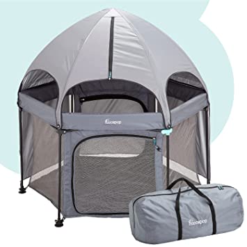 Photo 1 of hiccapop 53” PlayPod Outdoor Baby Playpen with Canopy, Deluxe Portable Playpen for Babies and Toddlers with Dome, Sun-shades, Padded Floor | Pop Up Playpen for Beach or Home | Outdoor Playpen for Baby
