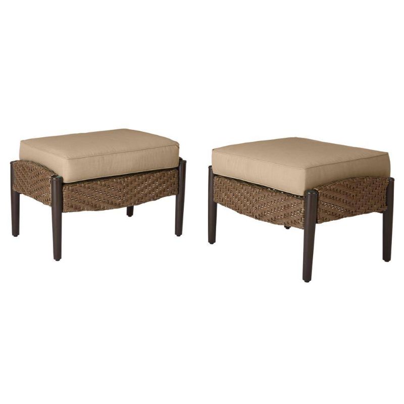 Photo 1 of Bolingbrook Wicker Outdoor Patio Ottoman with Standard Toffee Solid Cushions (2-Pack)
