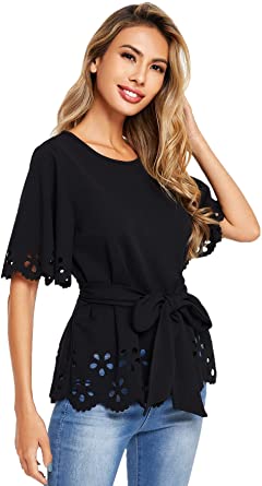 Photo 1 of Romwe Women's Bow Self Tie Scalloped Cut Out Short Sleeve Elegant Office Work Tunic Blouse Top,XS