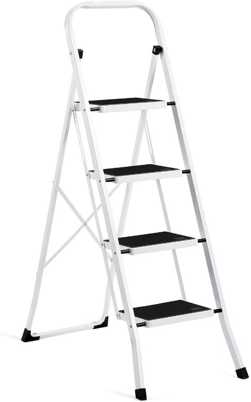 Photo 1 of 4 Step Ladder Folding Step Stool with Convenient Handgrip Anti-Slip Sturdy and Wide Pedal,350lbs Portable 4-Feet Steel Step Stool Ladder,Four Step Stool Lightweight Safe Step Ladder White Black
