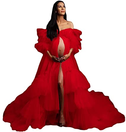 Photo 1 of Tianzhihe Long Tulle Robe Maternity Photoshoot Sheer Dressing Gown Beach Coverup Bridal Lingerie, Red, Medium 