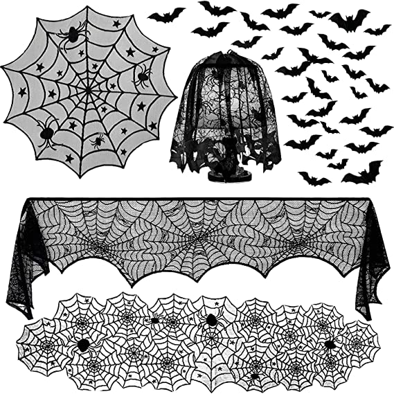 Photo 1 of 2 PACKS!! Halloween Tablecloth Decorations 5 Pack Set Including Fireplace Mantel Scarf Black Lace Spiderweb Table Runner Spider Cobweb Lampshade Round with 48pcs 3D Bat Wall Stickers for Halloween Party Decors
