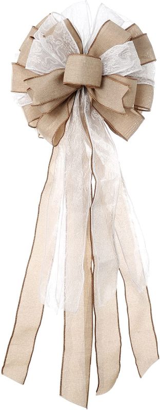 Photo 1 of Christmas Tree Topper 11x27 Inches Large Decorative Bow with Streamer Wired Edgefor Xmas Decorations Home Decor with Packaging Double Slide (Beige)
