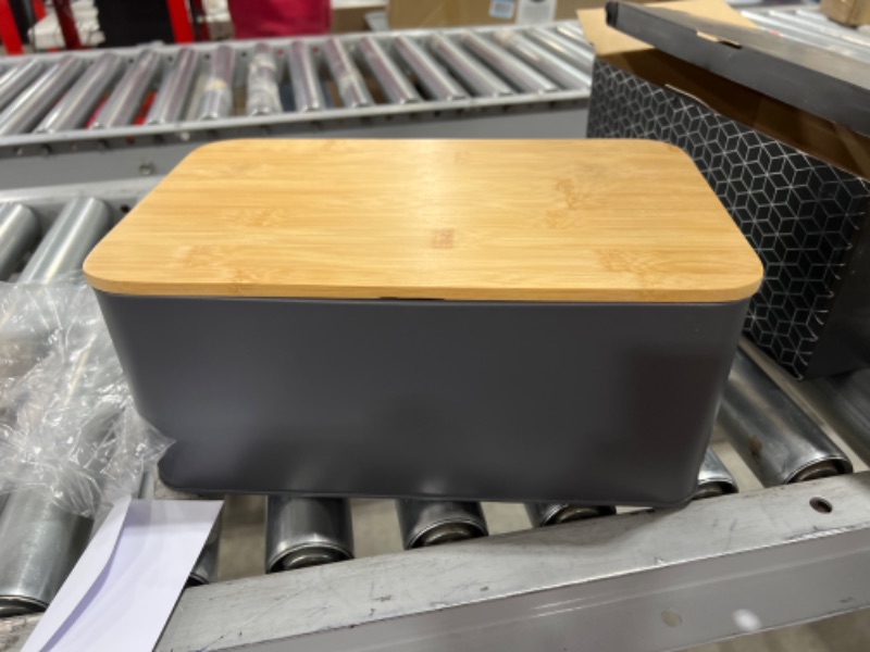 Photo 3 of Bread Box for Kitchen Countertop - Large Metal Breadbox with Wooden Bamboo Chopping Board Lid - Kensington London Bread Storage Container and Holder - Cut, Serve, and Store Bread Fresher For Longer
