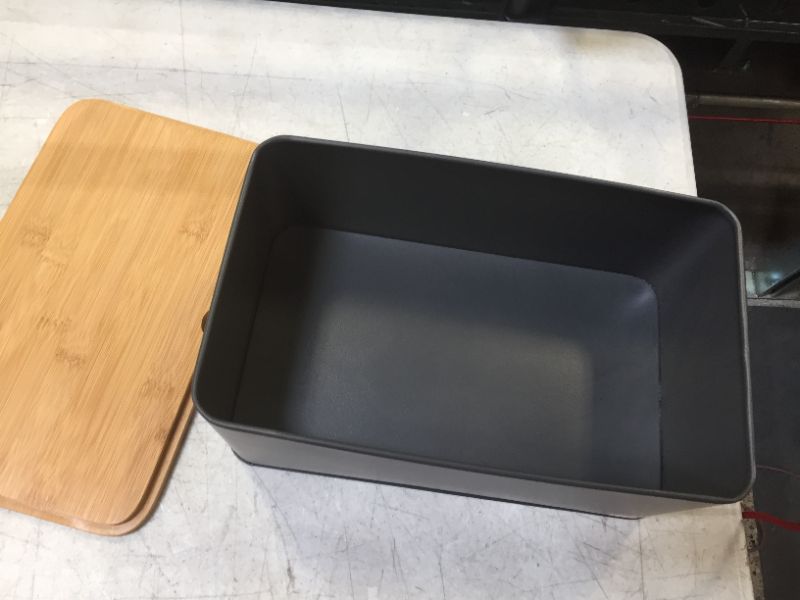 Photo 2 of Bread Box for Kitchen Countertop - Large Metal Breadbox with Wooden Bamboo Chopping Board Lid - Kensington London Bread Storage Container and Holder - Cut, Serve, and Store Bread Fresher For Longer
