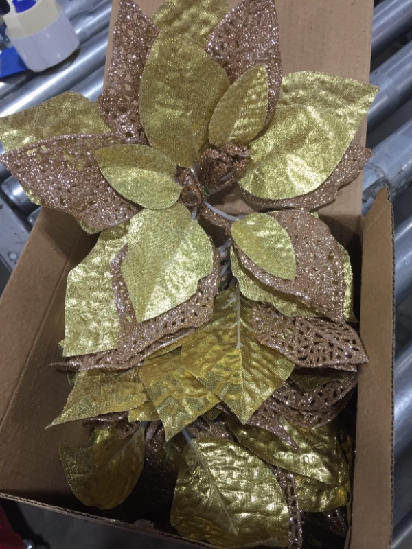 Photo 2 of 10 Pack Christmas Poinsettia Flowers Glitter Poinsettia Bushes Christmas Tree Flowers Christmas Poinsettia Ornament, Artificial Poinsettia Flowers Christmas Decorations-Rose Gold
