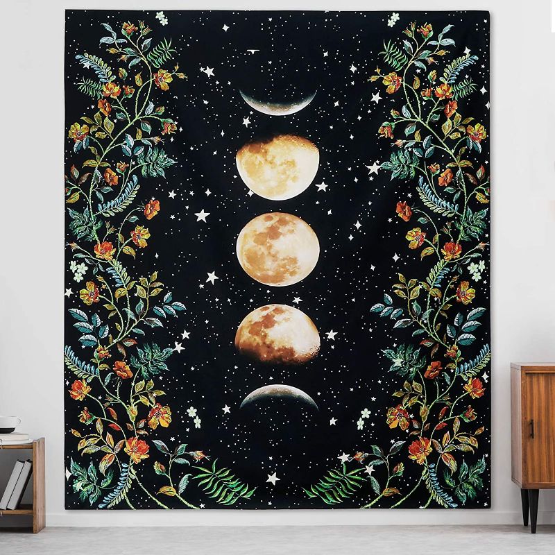 Photo 1 of eyeJOY Moonlit Garden Tapestry Moon Phases Tapestry Flowers Vines Tapestry Black Background Blanket Floral Tapestry Wall Hanging for Room Bedroom Decor(90.5 x 70.8 inch)
