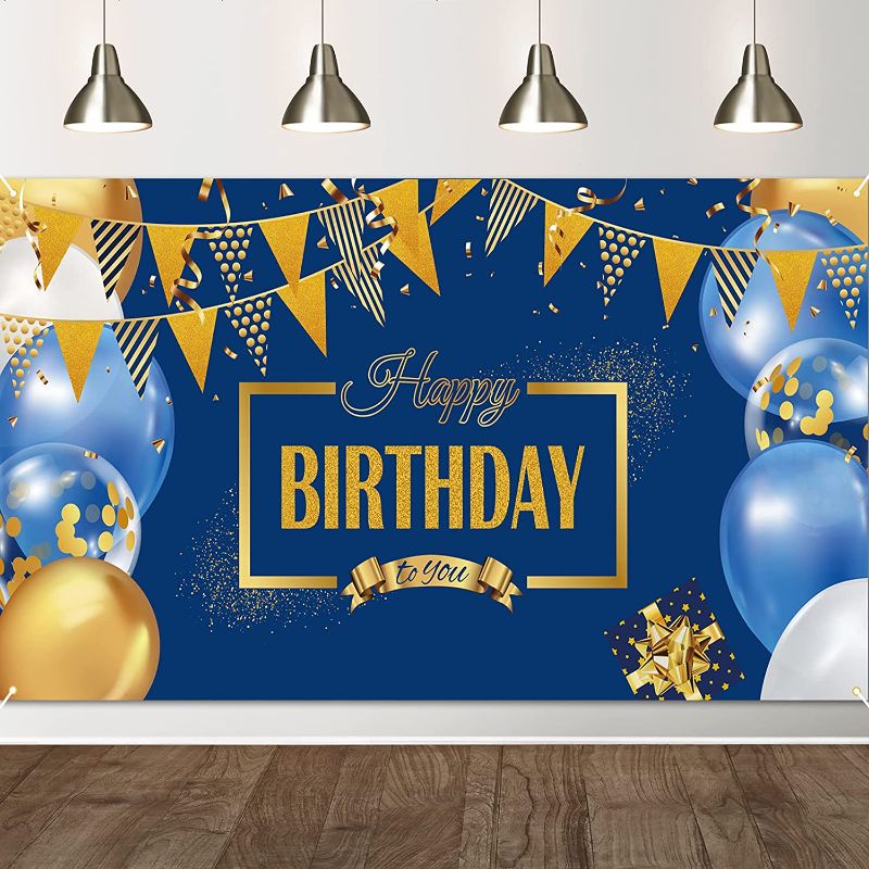 Photo 1 of Birthday Decorations Banner Large Happy Birthday Banner Blue and Gold Happy Birthday Party Decorations Sign Poster Photo Booth Backdrop for Children Men Women Birthday Decorations, 70.8 x 43.3 Inch