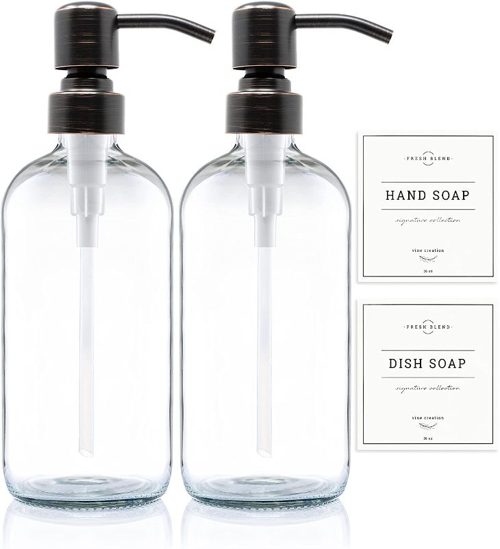 Photo 1 of Vine Creations Clear Glass Soap Dispenser 2 Pack, Thick 16oz Bottles Rustproof Stainless Steel Pump, Modern Farmhouse Jar, Bathroom Kitchen Accessories with Waterproof Labels (Round Oil Rubbed Bronze)