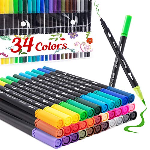 Photo 1 of Coloring Markers Pen, Dual Brush Tip Marker for Adult Coloring, 34 Color Calligraphy Brush Fine Tip Pen for Beginner Journal Planner, Drawing, Doodle