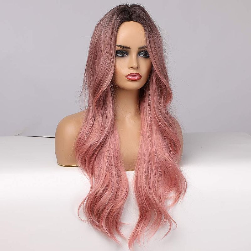 Photo 1 of Esmee Synthetic Wigs Ombre Pink Long Wavy Women Heat Resistant Fiber Middle Part Cosplay Wigs 24inch
