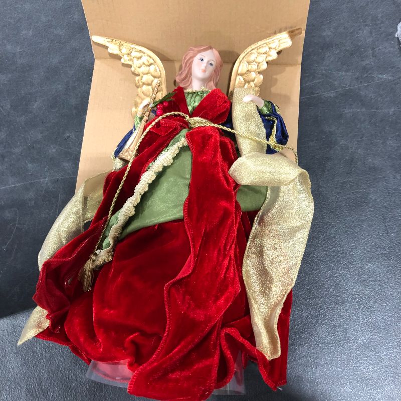 Photo 2 of Angel Christmas Tree Topper 18-Inch Red Gold Green Angel Figurines Treetop Unlit for Christmas Decoration