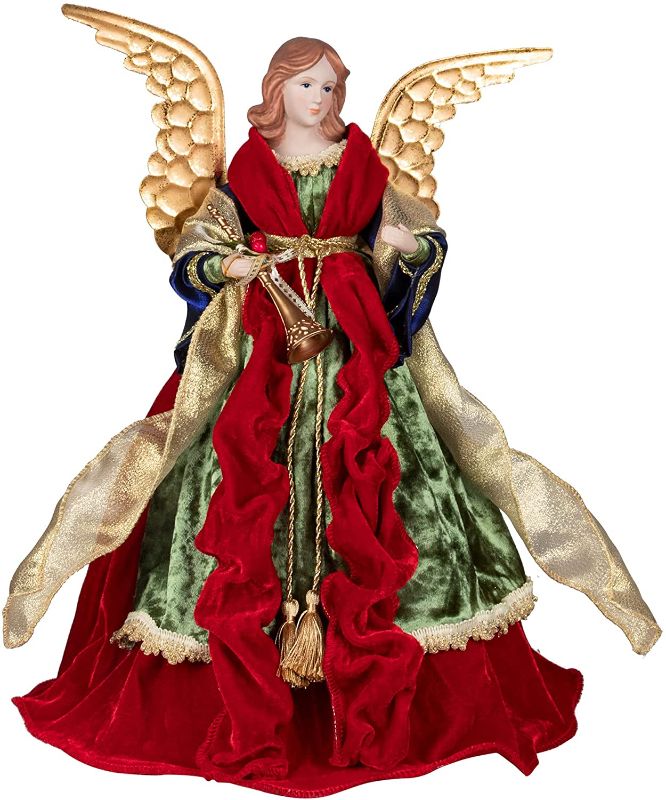 Photo 1 of Angel Christmas Tree Topper 18-Inch Red Gold Green Angel Figurines Treetop Unlit for Christmas Decoration