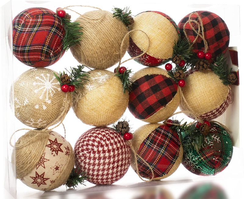 Photo 1 of Christmas Burlap Christmas Ornaments Farmhouse Christmas Ornaments Natural Jute Ornaments Rustic Christmas Ball Holiday Party Home Decor Hanging Decorations12Pcs