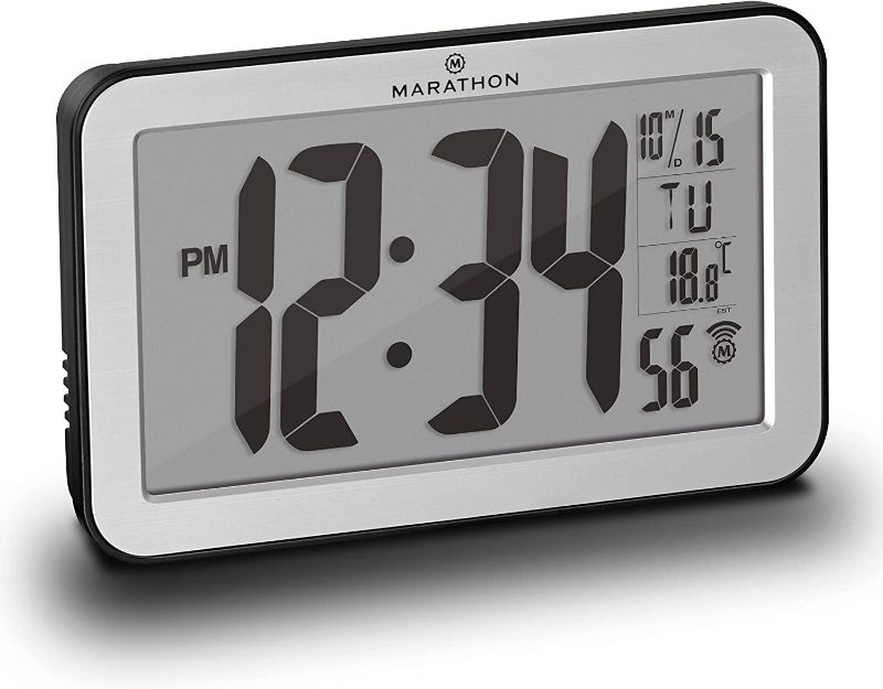 Photo 1 of MARATHON Commercial Grade Panoramic Autoset Atomic Digital Wall Clock with Table or Desk Stand, Date, and Temperature, 8 Time Zone, Auto DST, Self Setting, Self Adjusting, Batteries Included (Silver)
