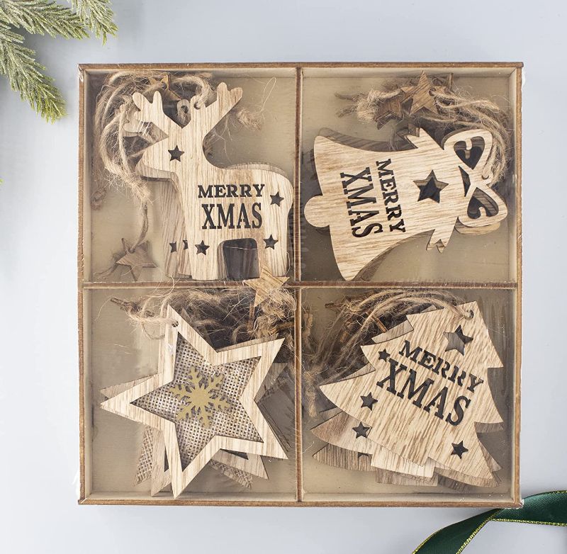 Photo 1 of Christmas Wooden Tree Ornaments Sets Wooden Snowflakes Reindeer Stars Rustic Tree Crafting, Wood Hanging Decorations for DIY Wooden Storage Box and Xmas Card Pack of 24