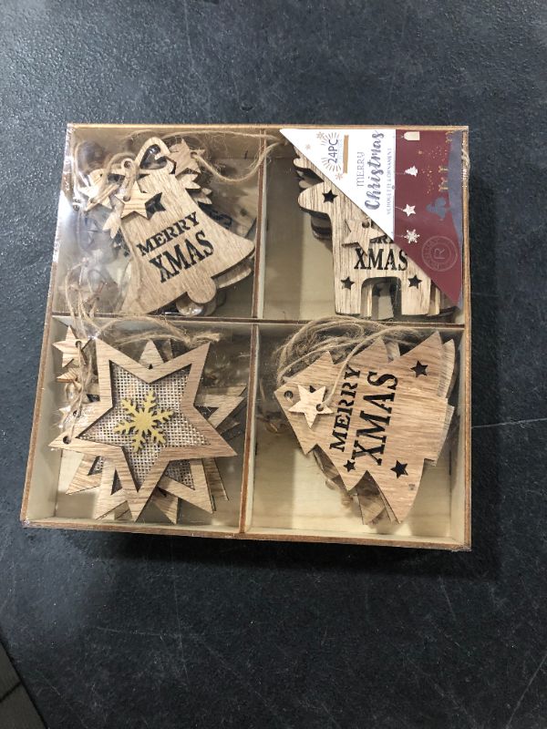 Photo 2 of Christmas Wooden Tree Ornaments Sets Wooden Snowflakes Reindeer Stars Rustic Tree Crafting, Wood Hanging Decorations for DIY Wooden Storage Box and Xmas Card Pack of 24