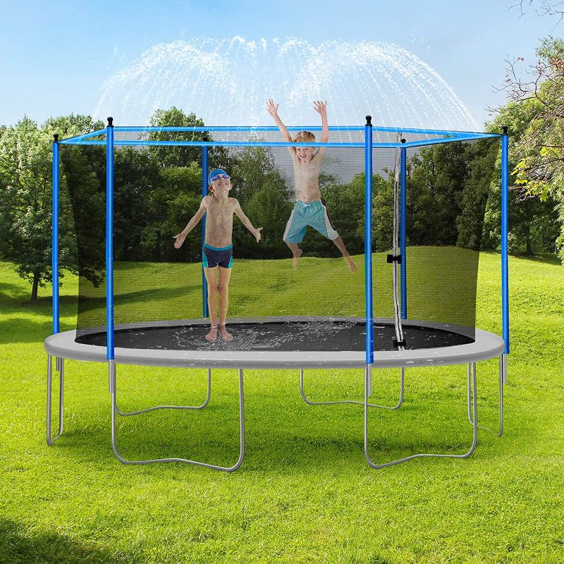 Photo 1 of 50FT Trampoline Sprinkler for Kids, Outdoor Trampoline Backyard Water Park Sprinklers Fun Summer Water Play Trampoline Sprinklers for Boys Girls