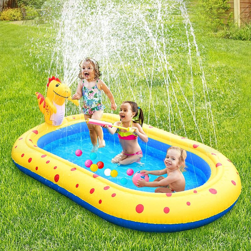 Photo 1 of Inflatable Kiddie Pool Sprinkler, Dinosaur Sprinkler Pool Fountain Water Toys, Cute Dinosaur Design 3 in 1 Inflatable Splash Pad Pool, Portable Kids Wading Swimming Outdoor Play Mat