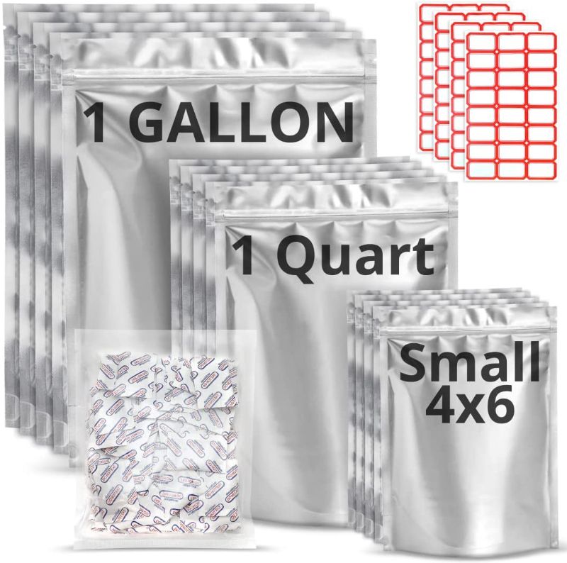 Photo 1 of 8 Mil Thick 100 Mylar Bags for Food Storage With Oxygen Absorbers 300cc - Large Mylar Bags 1 Gallon 10x14, 6x9, 4x6 - Mylar Bags Stand Up & Mylar Bags With Oxygen Absorbers (100pcs) + Labels