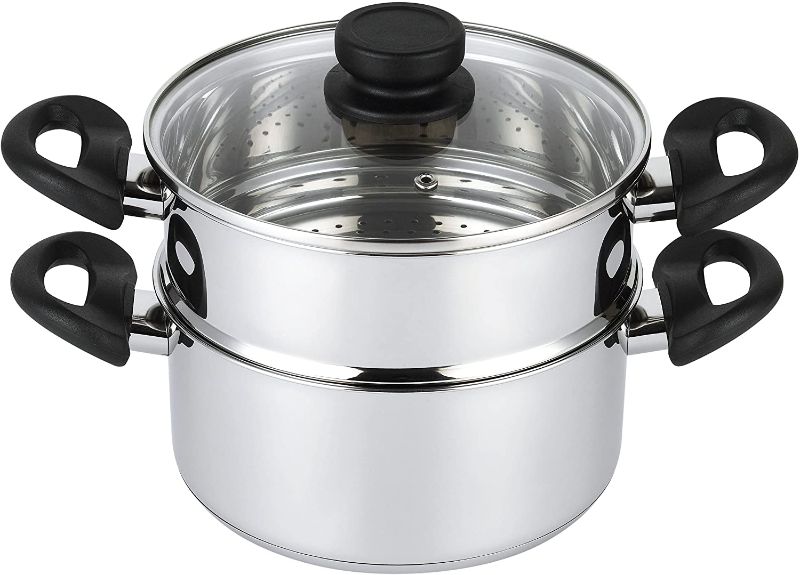 Photo 1 of 3 Piece Premium Heavy Duty Stainless Steel Steamer Pot Set Includes 3 Quart Cooking Pot , 2 Quart Steamer Insert and Vented Glass Lid | Stack and Steam Pot Set for All Cooking Surfaces