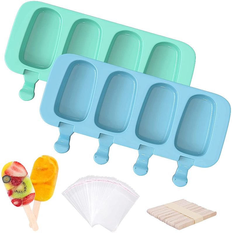 Photo 1 of 2 Pack Silicone Popsicle Molds for Larger One Ice Pop Molds Reusable With 50 Wooden Sticks & 30 Self-adhesive Bags for DIY Ice Cream Popsicle - Blue & Green