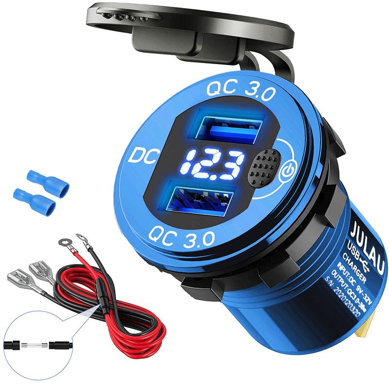 Photo 1 of JULAU Quick Charge USB Car Charger 3.0 Dual with Voltmeter Switch 36W 6A Waterproof Power Outlet for 12V/24V Car Boat Marine ATV Truck Motorcycle (Blue)