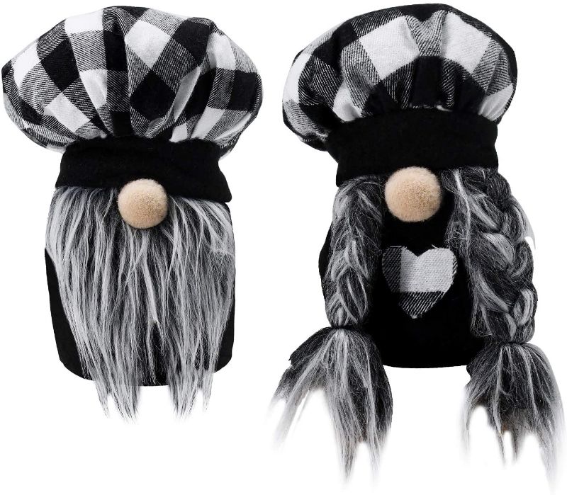 Photo 1 of 2PCS Plaid Kitchen Chef Mini Gnome, Scandinavian Black White Plaid Cooking Tomte, Couple Plush Nisse Elf Doll for Home Table Display Ornament, Unique Valentine's Day Easter Wedding Gifts
