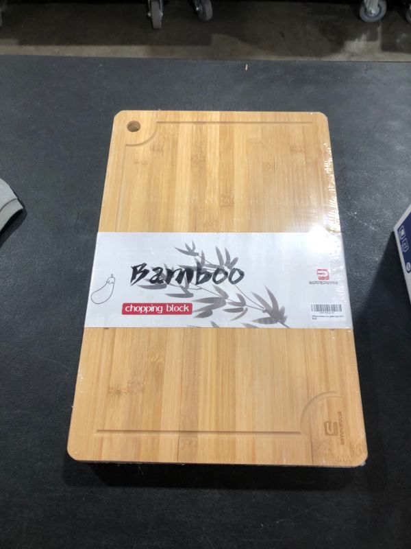 Photo 2 of BJPPEpuyou Bamboo Cutting Board with Juice Groove and Handles Best Kitchen Chopping Board for Meat (Butcher Block) Cheese and Vegetables (Large-18x12")
