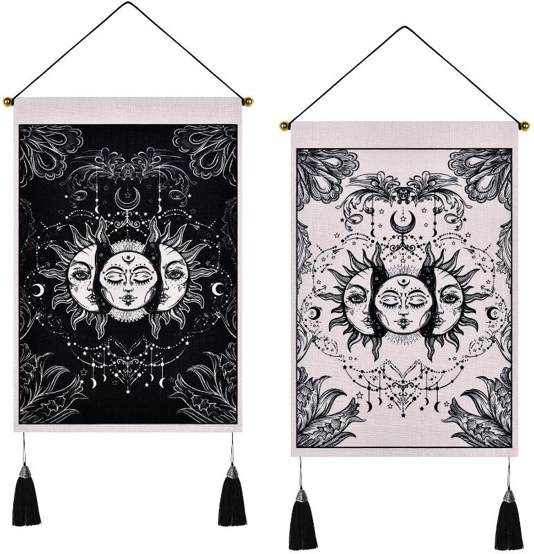 Photo 1 of 2 Pack of 2 Tapestries Sun and Moon Tapestry Burning Sun with Star Tapestry Black and White Psychedelic Tapestry with Tassel for Room (13.8 x 19.7 inches)
