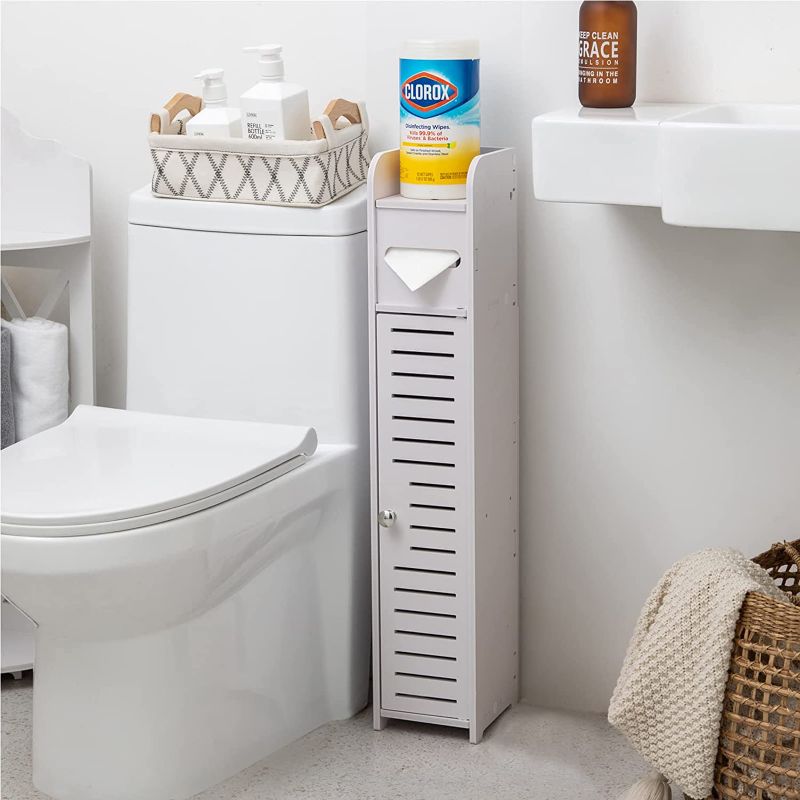 Photo 1 of AOJEZOR Small Bathroom Storage Corner Floor Cabinet with Doors and Shelves,Thin Toilet Vanity Cabinet,Narrow Bath Sink Organizer,Towel Storage Shelf for Paper Holder,White
