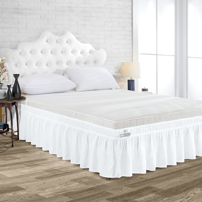 Photo 1 of 12 Inch Drop Full Size White Solid Bed Skirt Wrap Around Pattern Easy Fit Easy Care Fade & Wrinkle Resistant-Cotton Microfiber Made
