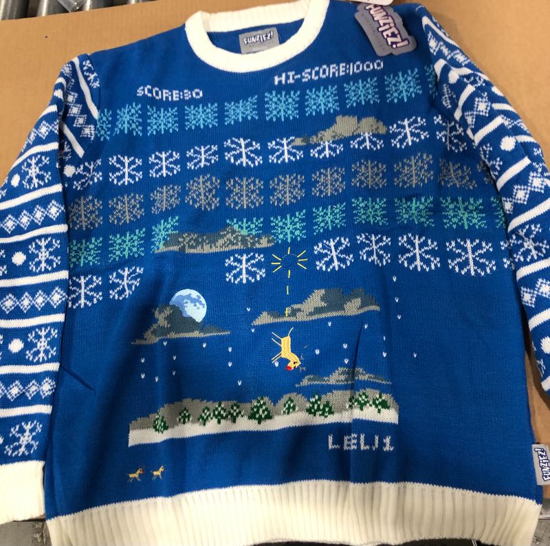 Photo 2 of FUNZIEZ! Ugly Christmas Sweater Space Invader Long Sleeve Novelty Costume Blue - 2X-Large
