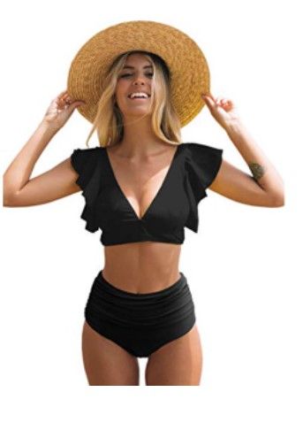Photo 1 of SPORLIKE Women Ruffle High Waist Swimsuit Two Pieces Push Up Black Bikini (Black,Medium)
