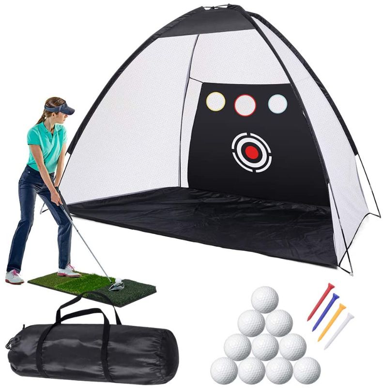 Photo 1 of Golf Practice Net Golf Hitting Nets with Chipping Target Pockets,10 x 7ft Golf Training Aids Practice Net Set,10 Golf Balls 4 Golf Tees, 3 in 1 Golf Hitting Mat, Indoor and Outdoor Golf Training
