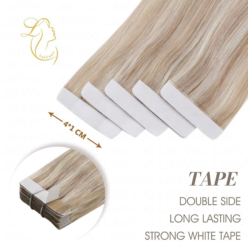 Photo 1 of LAAVOO Tape in Human Hair Extensions Highlighted Ash Blonde Mixed Bleach Blonde 20pcs 50 Grams Tape in Hair Extensions Human Hair 18 Inch Skin Weft
