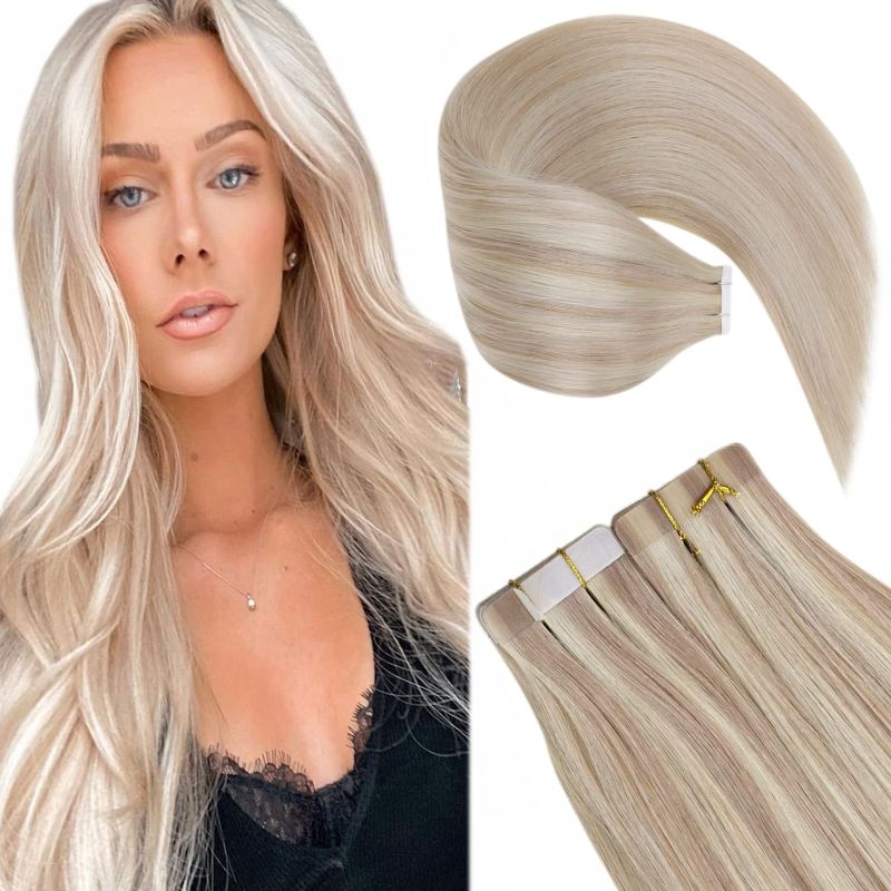 Photo 2 of LAAVOO Tape in Human Hair Extensions Highlighted Ash Blonde Mixed Bleach Blonde 20pcs 50 Grams Tape in Hair Extensions Human Hair 18 Inch Skin Weft
