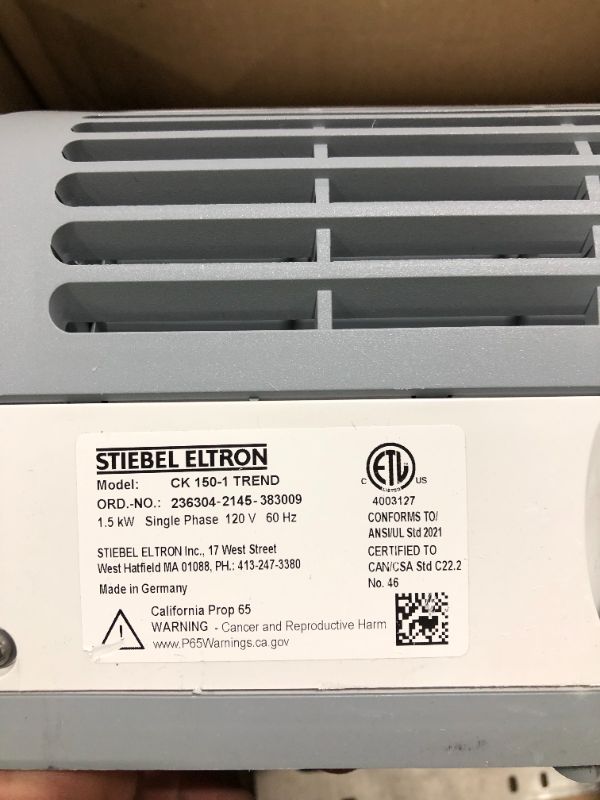 Photo 2 of Stiebel Eltron 236304 CK Trend Wall-Mounted Electric Fan Heater, 1500W, 120V
