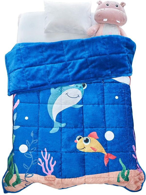 Photo 1 of Topblan Kids Fleece Weighted Blanket 7lbs, Ultra Cozy Flannel with Cute Cartoon Prints, Plush Fuzzy Warm Coral Velvet Throw Blanket, 41"x60", Shark Baby