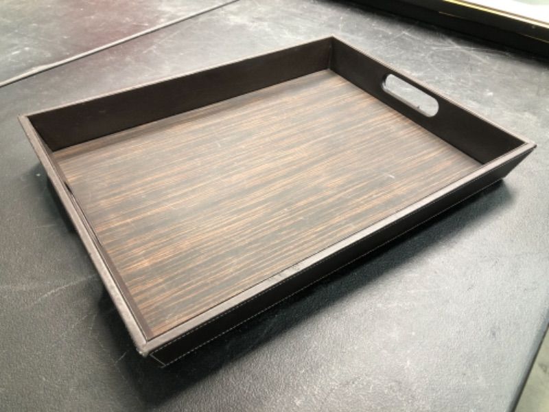 Photo 1 of 4pc WOOD AND LEATHER STITCHED SERVING TRAY WITH HANDLES LENGTH 19 INCHES WIDTH 14 INCHES