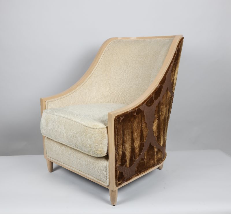 Photo 1 of LIGHT WOOD FINISH TRIMMING PATTERNED SOFT FABRIC MATERIAL LOUNGE CHAIR 36H X 26W INCHES