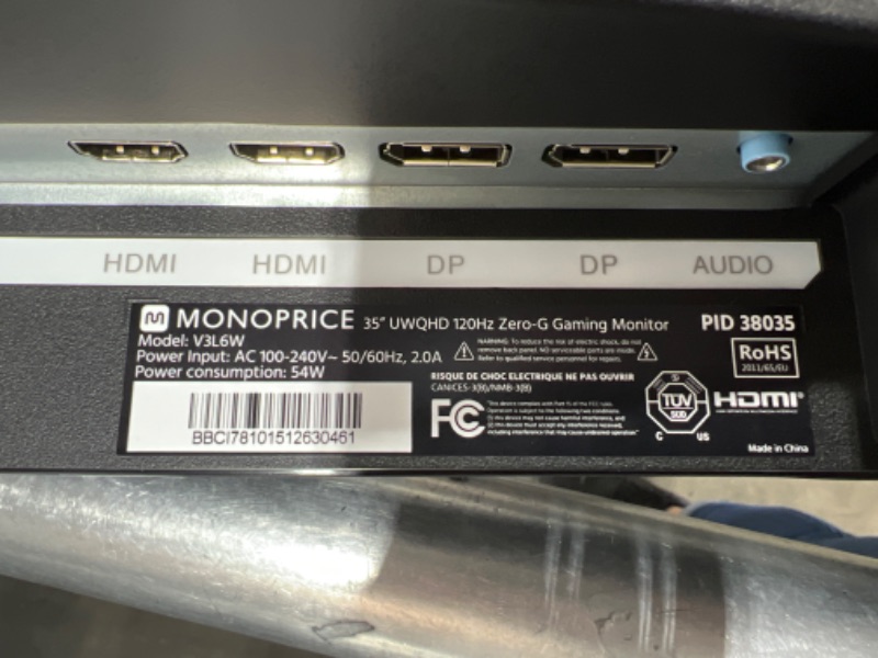 Photo 3 of Monoprice 35in Zero-G Curved Ultrawide Gaming Monitor V2 - 1800R, 21:9, 3440x1440p, UWQHD, 120Hz, AMD FreeSync, 4ms, HDMI, DisplayPort, VA