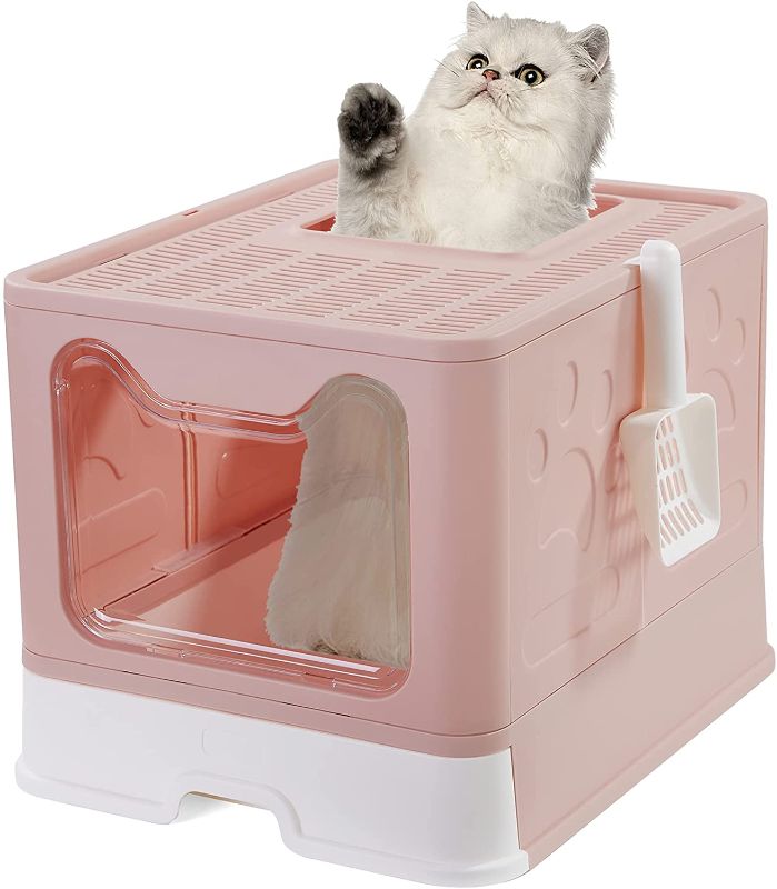 Photo 1 of Bolux Foldable Cat Litter Box with Lid, Extra Large Litter Box with Cat Litter Scoop, Drawer Type Cat Litter Pan Easy to Scoop & Low Tracking ( Pink, 20" L x 16" W x 15" H )
